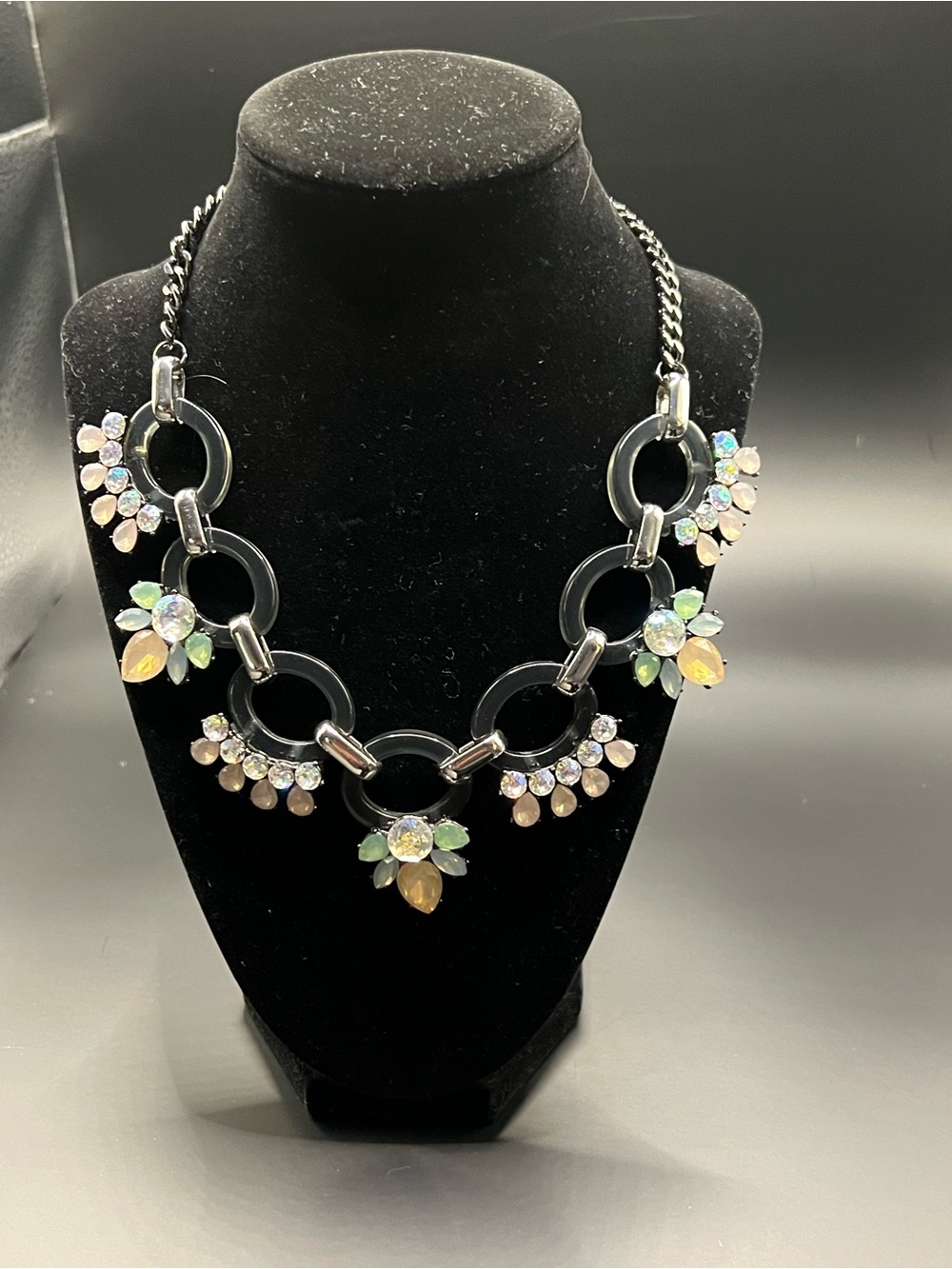 INC International Concepts Black Link Necklace with Multicolor Crystal Blossoms